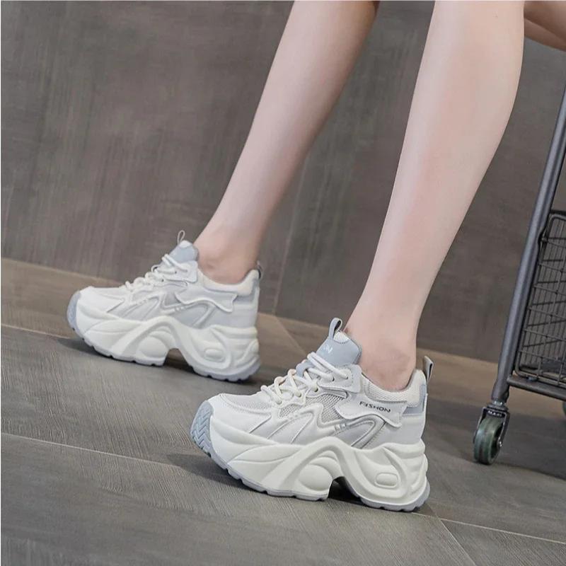 Fashion Mesh Hollow Leather 8cm Increase Platform Sneakers Women Fashion Soft Sole Women's Shoes Spring Autumn Sports Zapatos De Mujer