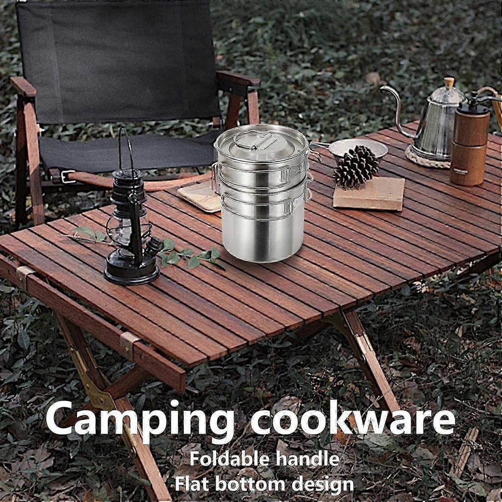 Camping Kochgeschirr Edelstahl Kochset Rucksack-Kit Kompaktes Faltbares Design Hitzebeständiger Griff Silber
