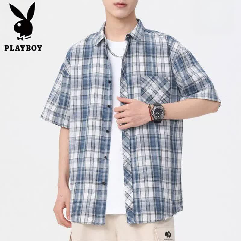 PLAYBOY Men s Plaid Short Sleeve Casual Shirt M