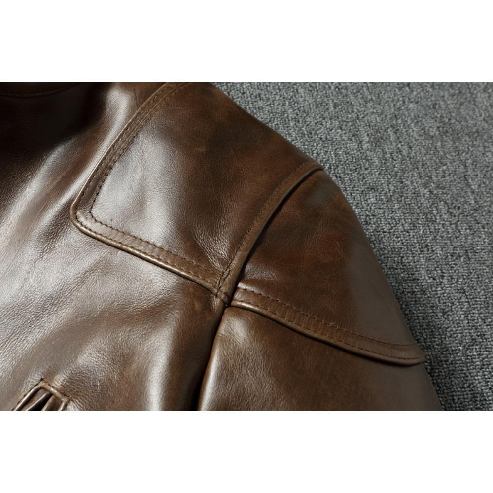 Chinese Size Style RL Top Layer Oil Waxed Cowhide Real Leather Jacket Men Stand Collar Brown Coat Men's Biker Jacket Spring Autumn
