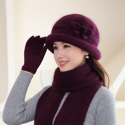 Thickened Rabbit Hair Knitted Yarn Hat + Scarf + Gloves (three-piece Set) Women  Basin Scarf, Hat & Glove Sets Middle-aged Elderly Grandmother