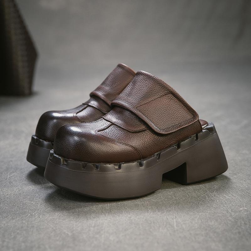 Johnature Retro Genuine Leather Outdoor Slippers Thick Heel Comfortable Slip-on Women's Platform Shoes