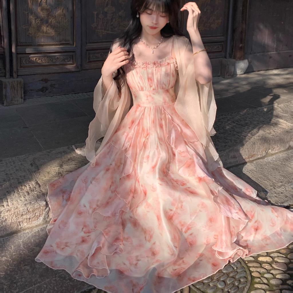 2026 summer new Eden oil painting smudge printing waist ruffle edge suspender skirt Korean version temperament dress