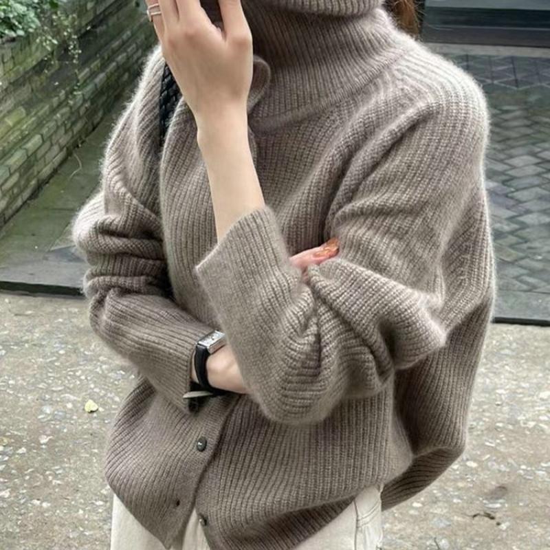 Cardigan cu gât înalt Femei Pulover Toamnă Iarnă Larg Tricot gros Strat de bază Palton Top