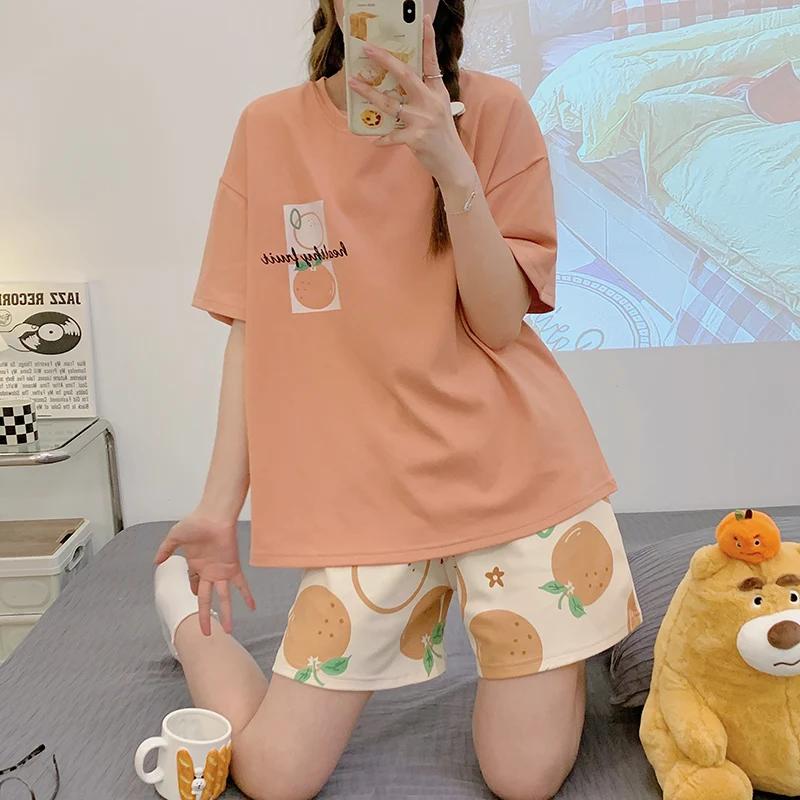 Summer Woman Pajama Cotton Cartoon Sleepwear Orange Cartoon Printing Pyjamas Set Young Lady Shorts Pullover Lingeries