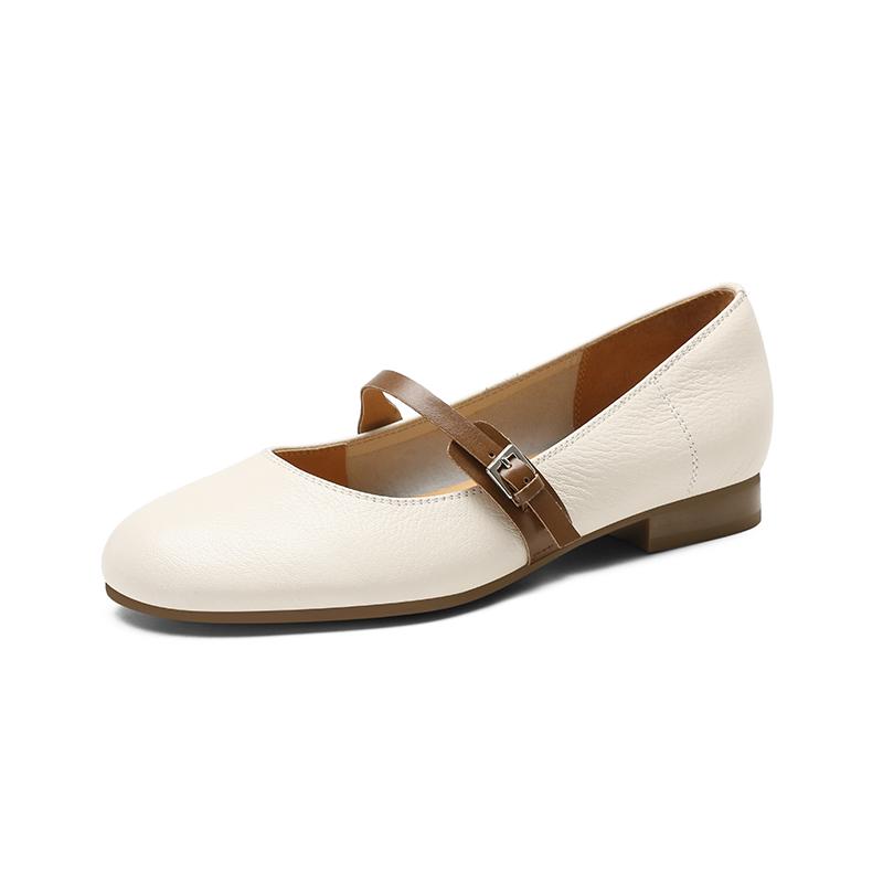 Fashion New Spring/summer Mary Jane Shoes Genuine Leather Shoes for Women Fashion Round Toe Shallow Women Pumps Chunky Heels Beige
