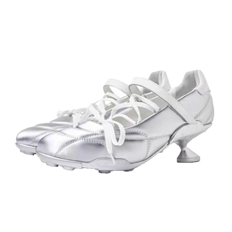 Sheepskin version~ Interstellar series silver lace-up bow sports style ballet shoes niche leather high-heeled single shoes women
