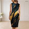 Women Plus Size V Neck Sleeveless Black Gold Printed Bodycon Midi Dress