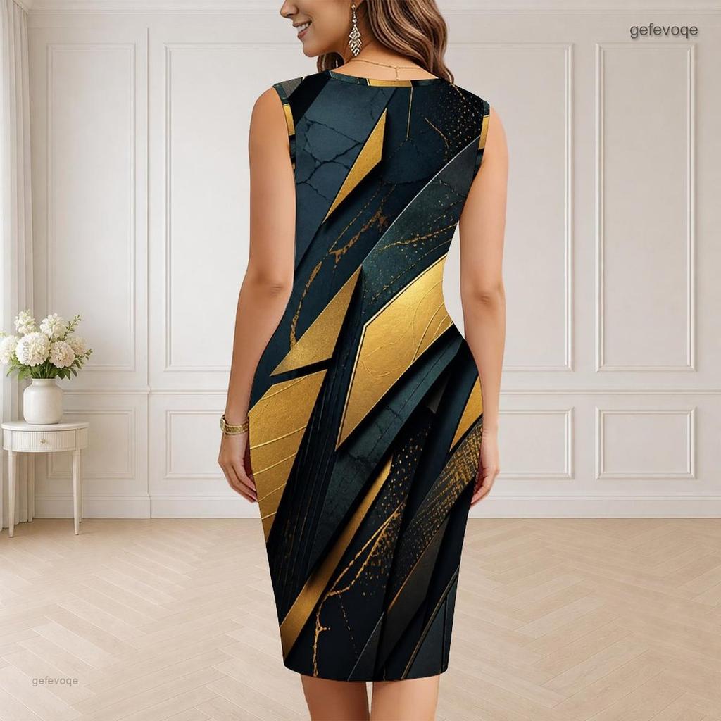 Women Plus Size V Neck Sleeveless Black Gold Printed Bodycon Midi Dress