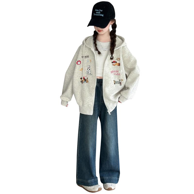 2025 Spring/Autumn Girls' Hoodie: Stylish Embroidered Cardigan for Big Kids