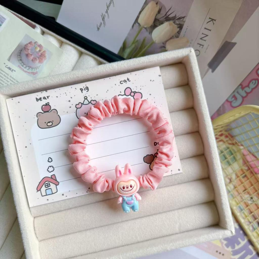 5 Pics Cute Labubu Off-white Intestine Ring Hair Tie - Elastic Fabric Cartoon Style for Kids & Women