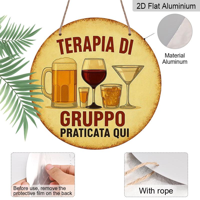 2D Flat, 1pc 7.87inchs Round Aluminum Sign, "Group Therapy Practiced Here" Funny Bar Quote, Vintage Beer & Wine Glass Metal Wall Art, Retro Aesthetic