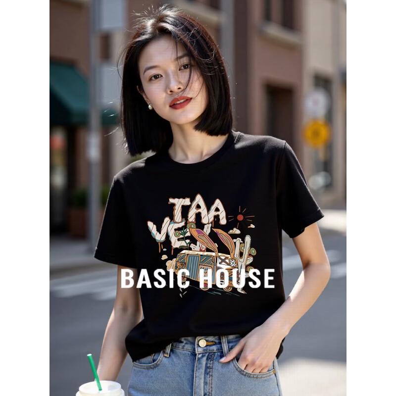 Basic House Women s Black Bus Rabbit Print Cotton T-Shirt M