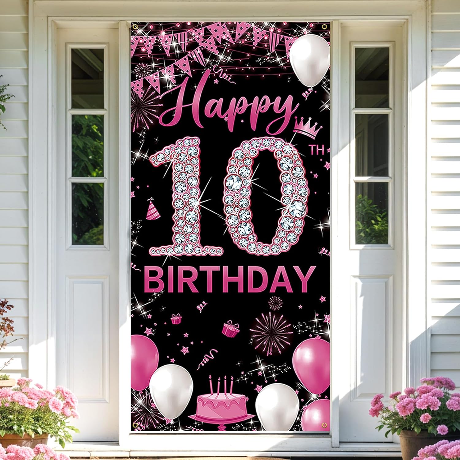 10th Birthday Decoration For Girls, Fabric Happy 10th Birthday Banner Backdrop Hot Pink, 10 Year Old Birthday Party Yard Sign Photo Props Background