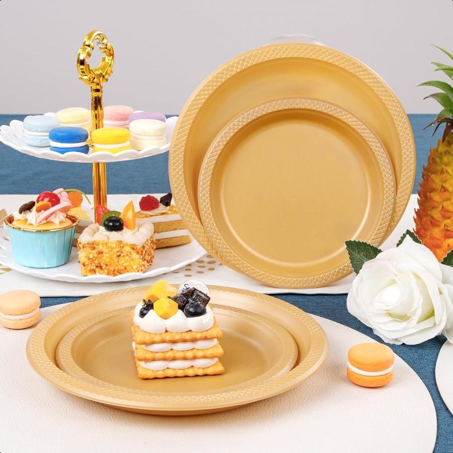 

120 шт. Золотые пластиковые тарелкиВключают 60 шт. 9-дюймовых и 60 шт. 7-дюймовых одноразовых тарелок для вечеринки Золотые принадлежности для вечеринки United States