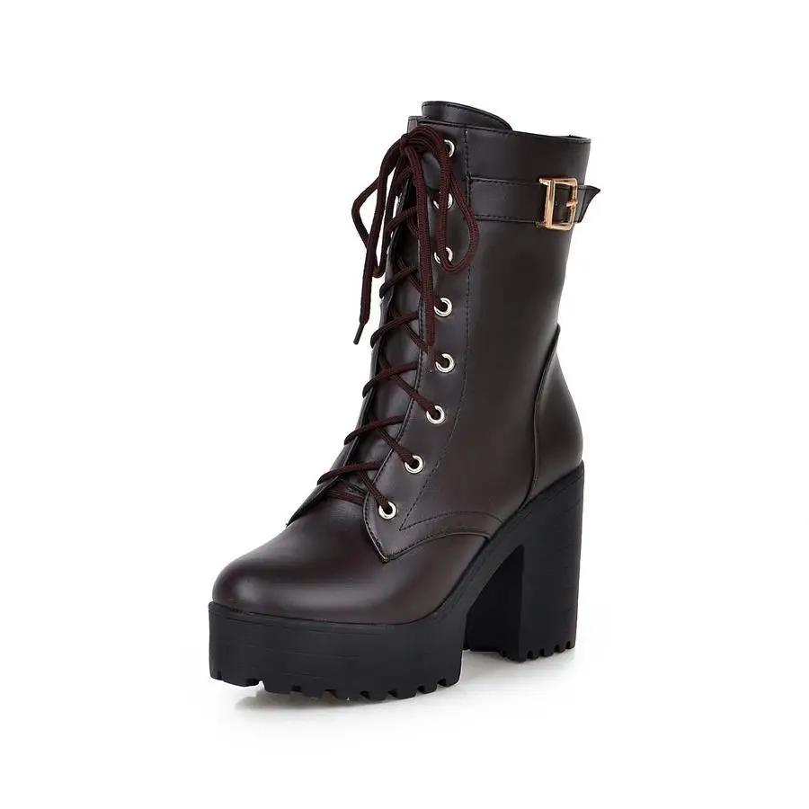 Fashion 2024 Russian Hot Sales Women Shoes Thick Platform High Heel Female Ankle Boots Round Toe Lace up Zipper Motorcycle Boots
