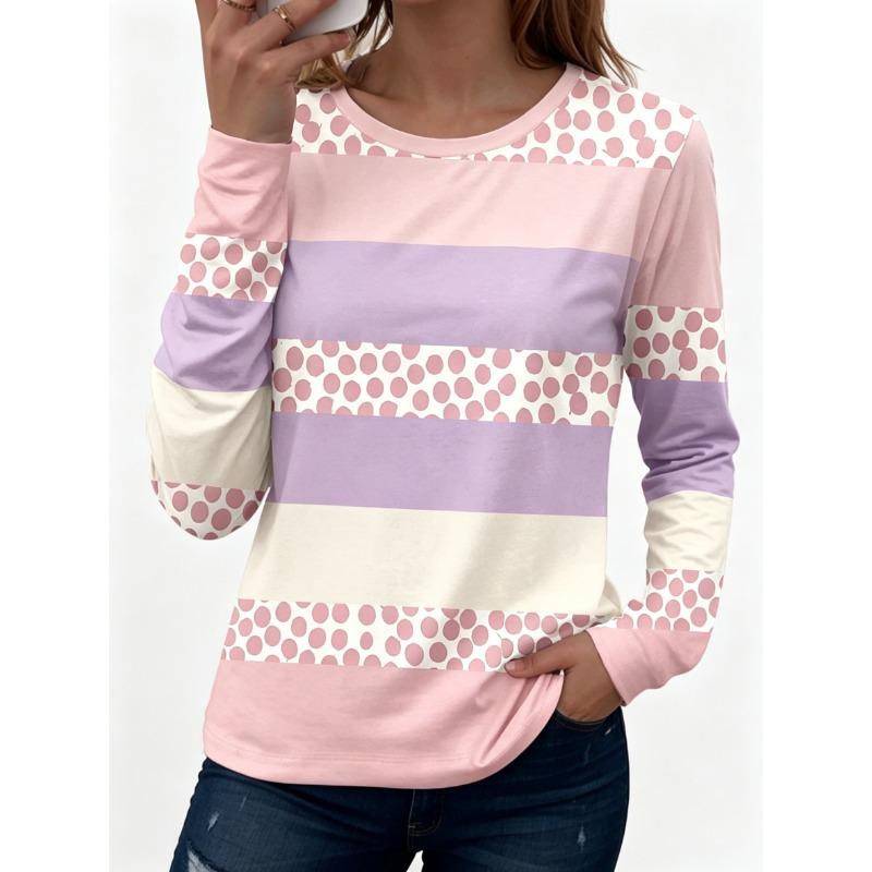 Women's Polka Dot Color Block Print Crew Neck T-Shirt, Casual Tops for Spring Summer Daily Streetwear