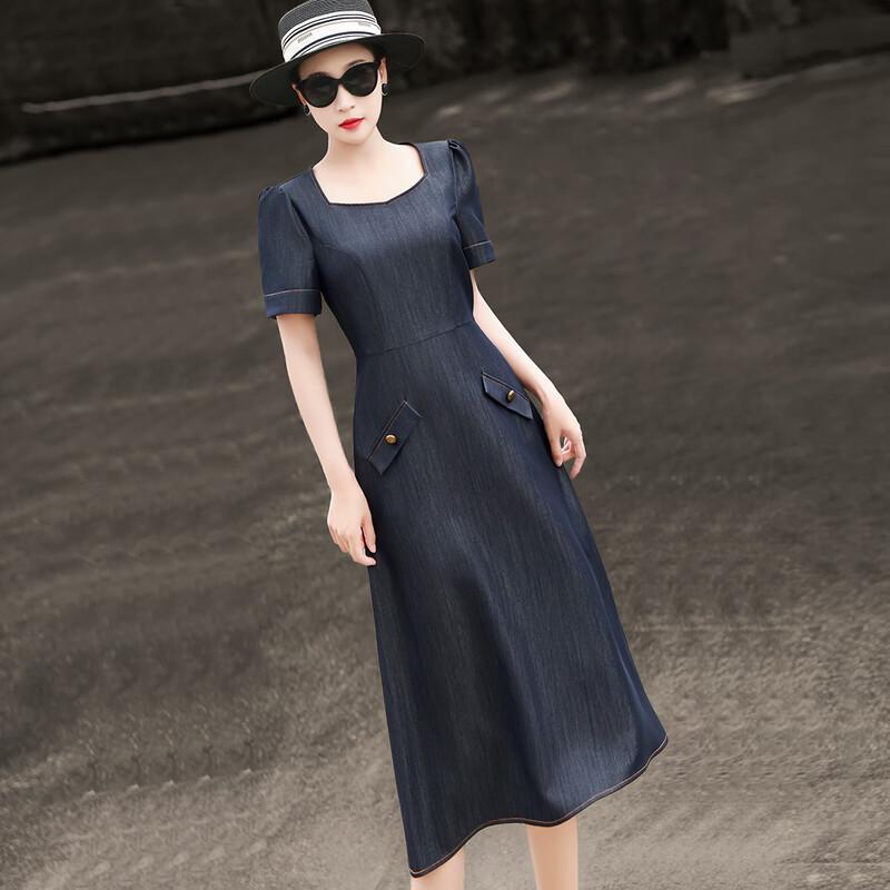 Summer Elegant Square Neck Puff Sleeve A-Line Midi Dress S