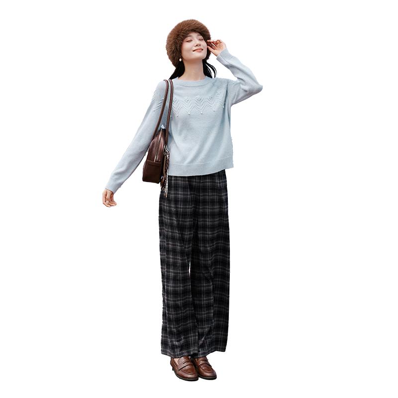 Xiangying Women s Beaded Jacquard Round Neck Pullover Sweater M