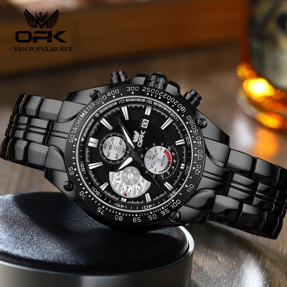 OPK Brand Men's Watch Fashion Multifunctional Calendar Quartz Waterproof Luminous Steel Strap 6020