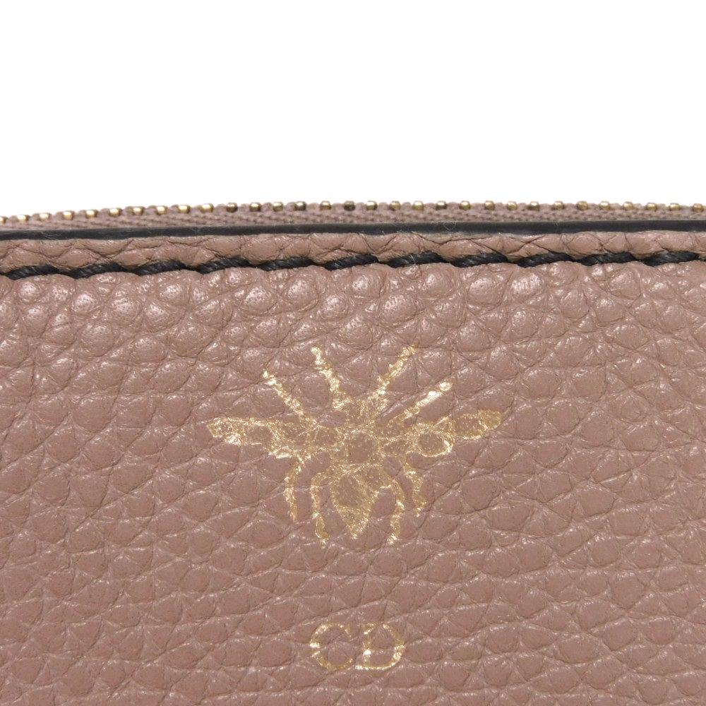 Used Bee Compact Zip Wallet (10656) S8001CVQR 7941, Bee Grain Calfskin, Snap Button, CD Logo, Rose Beige, Women's from