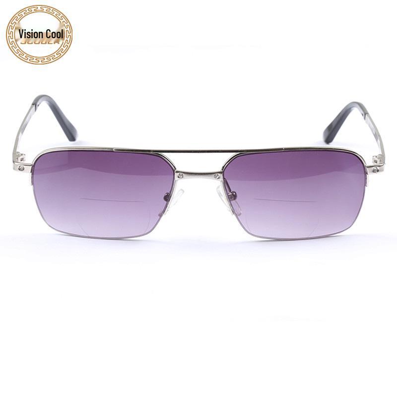 Old Flower Herren Bifokal Gleitsicht Sonnenbrille, Graue Gläser, Halbrand Lesebrille mit Kadiya Metallrahmen