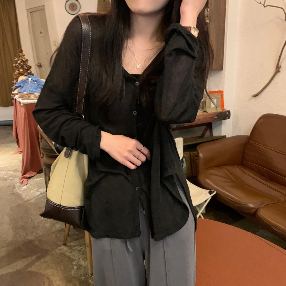 Spring Korean-Style Women's V-Neck Loose Cardigan - Lightweight, Long Sleeve, Sun Protection, Versatile, Casual Top