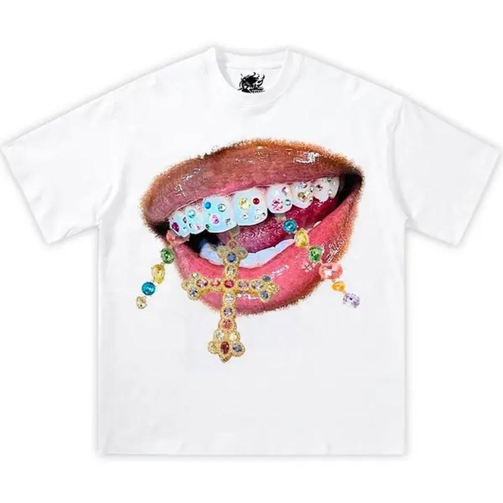 Glossy Jewelry Mouth Shirt Streetwear Y2k Tee Cotton Tee Shirt Opium Fashion Unisex Unisex Unisex Cotton Fabric Top