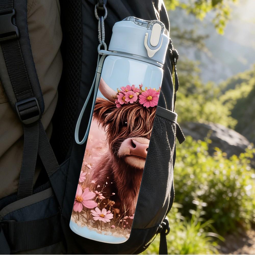 1PC Flower Crown Highland Cow Print 750ml Color Plastic Sports Water Bottle Leakproof Flip Straw Lid Suitable for Sports Office Home Use