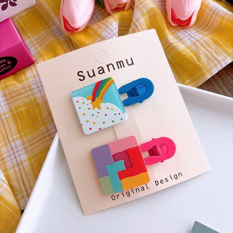 2pcs korean geometric hairpin rainbow color-block girl bangs side clip cute cartoon girl hairpin headwear