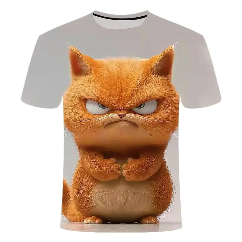 Maglietta con motivo a gatto divertente per uomo, personalità animale, stampa 3D, magliette estive larghe a maniche corte, scollo rotondo casual