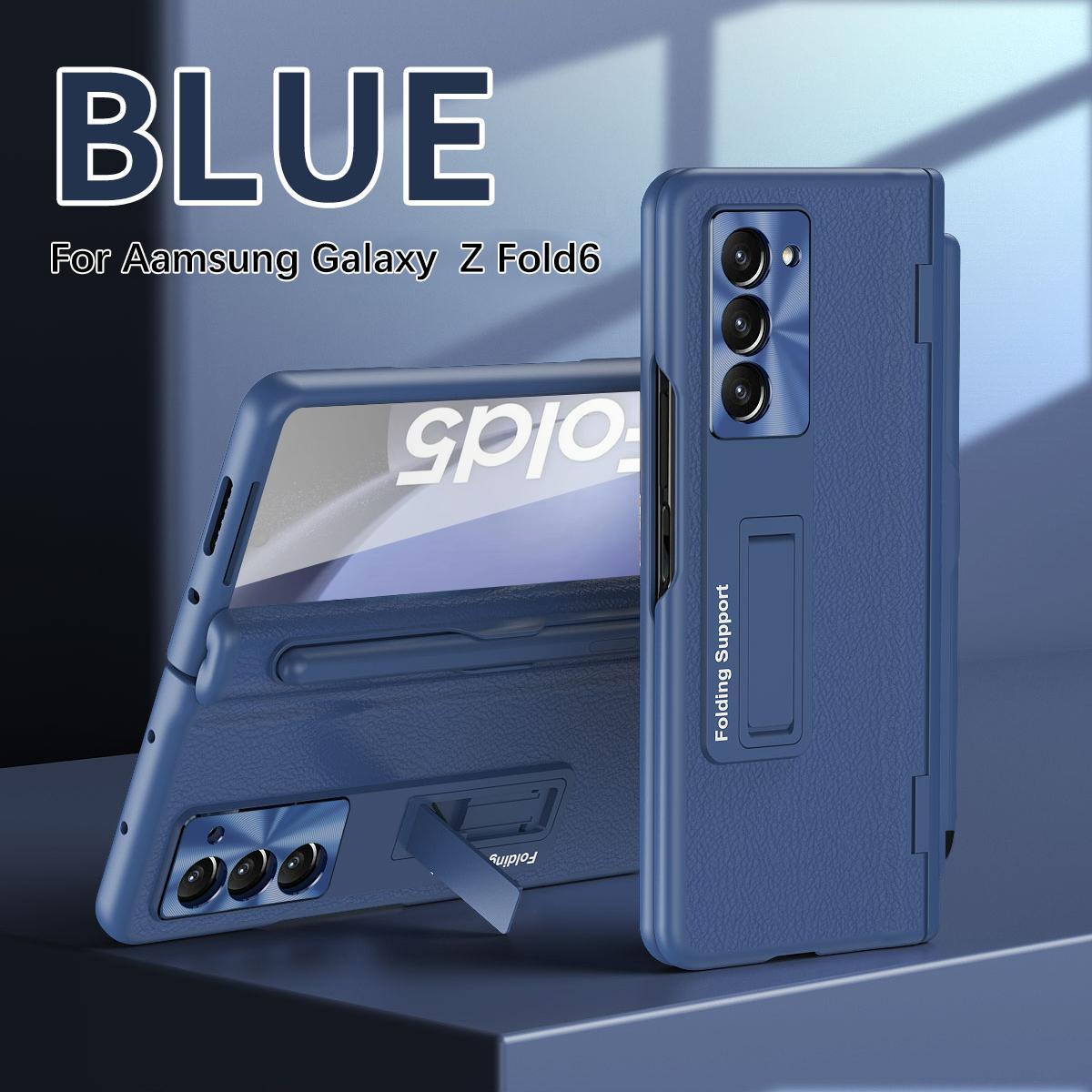 

Роскошный чехол из искусственной кожи с жесткой поликарбонатной защитой шарнира для Samsung Galaxy Z Fold 6 5 4 3 с подставкой и защитой экрана For Galaxy Z Fold 6 синий