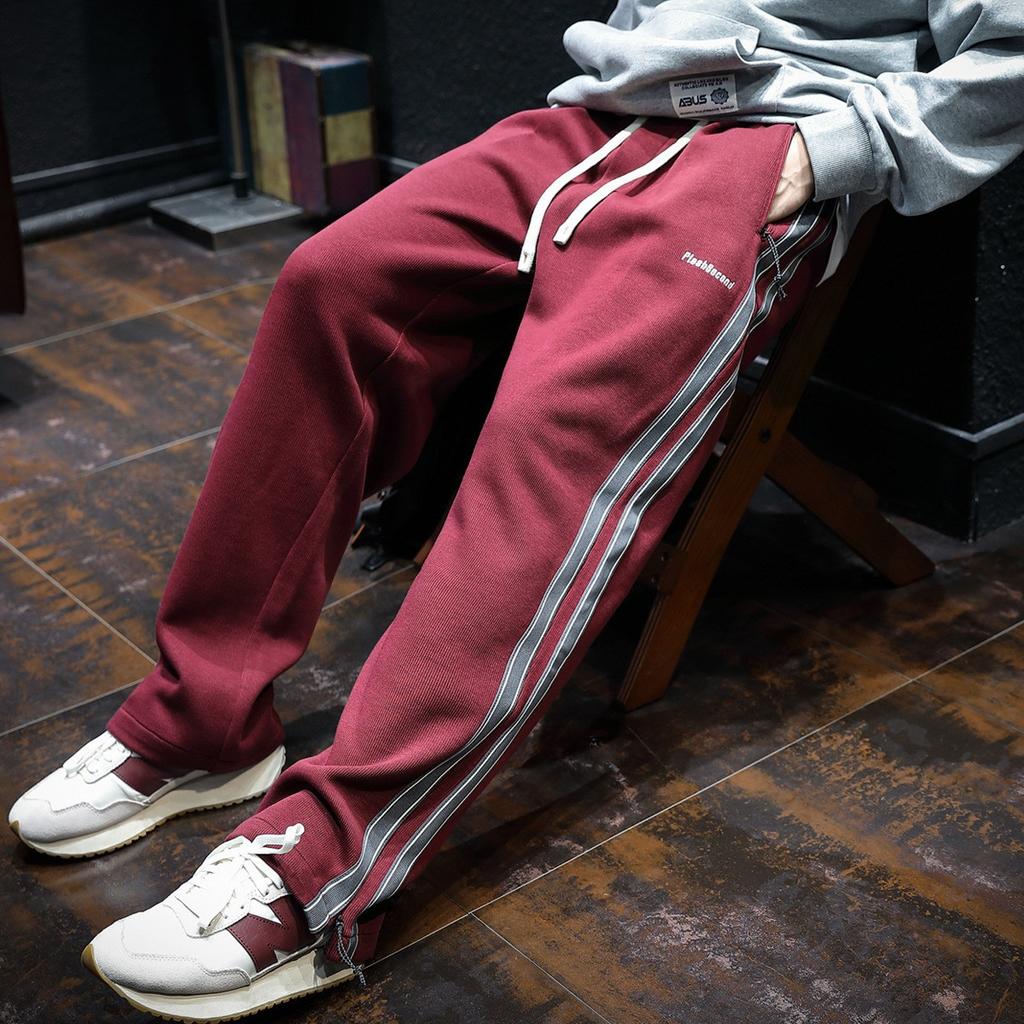 Zipper pocket straight sweatpants men's spring tide brand sweatpants red casual pants men's spring and autumn pants long pants tide