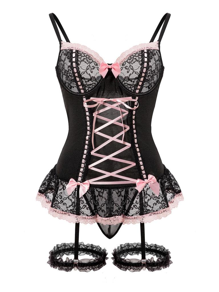 European & American Sexy Lace Bow Sheer Lingerie Set
