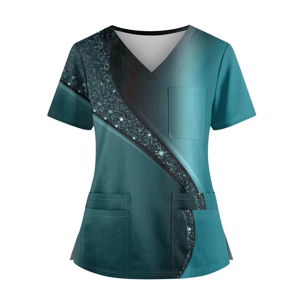 Plus SizePrinted Scrub Working Uniform Tops For Women's Cross V-Neck Halloween Print Short Sleeve Fun T-Shirts Workwear Tee With Pockets