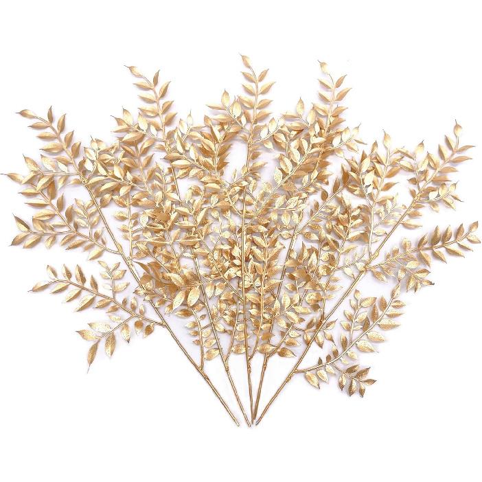PASYOU Fake Leaves Plants for Christmas Decor, Gold Artificial Shrubs Grass Foliage Plastic Bulk Leaf Indoor Outdoor Home Garden Party Hotel Verandah