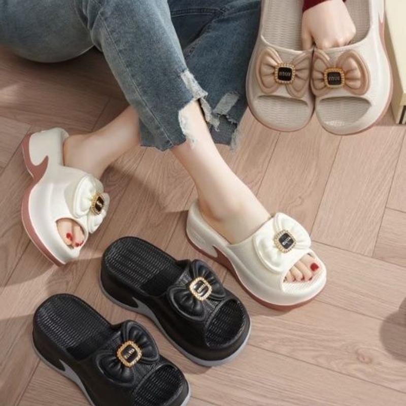 Fashion Smile Women Slippers New EVA High-value Versatile Women Soft Round Head Slippers Summer Fashion Thick-soled Elevated Bow Sandals
