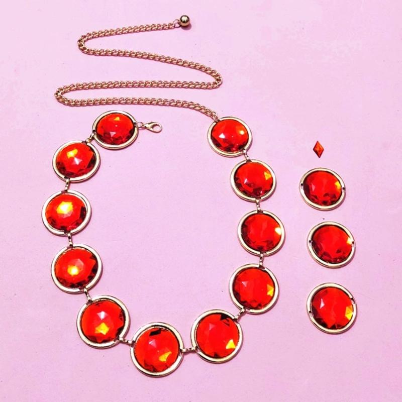 Halloween Cosplay Waist Belt Stone Chain Adjustable Tight Jeans Dress Belt Chain with Round Red Gems Party Costume
