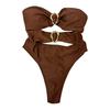 Sexy Monokini Off Shoulder Bandeau Hollow Design Solid Color One-piece Swimsuit with Irregular Metal Rings Vacation Wear