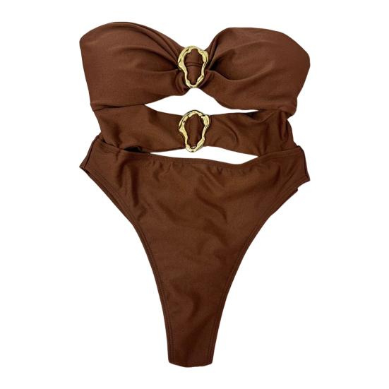 

Сексуальный монокини с открытыми плечами, бандо, ажурный дизайн, однотонный слитный купальник с L коричневый