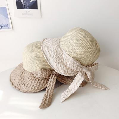 Spring and Summer Pleated Bow Sun Hat Children's Fashion Versatile Splicing Straw Hat Sun Protection Sun Bucket Hat