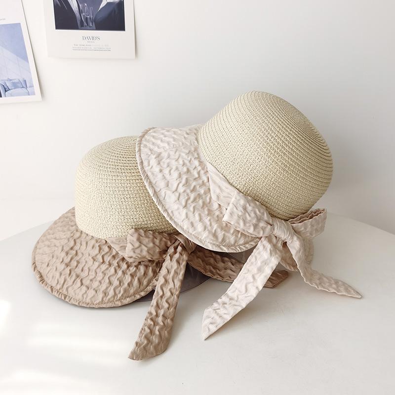 Spring and Summer Pleated Bow Sun Hat Children's Fashion Versatile Splicing Straw Hat Sun Protection Sun Bucket Hat