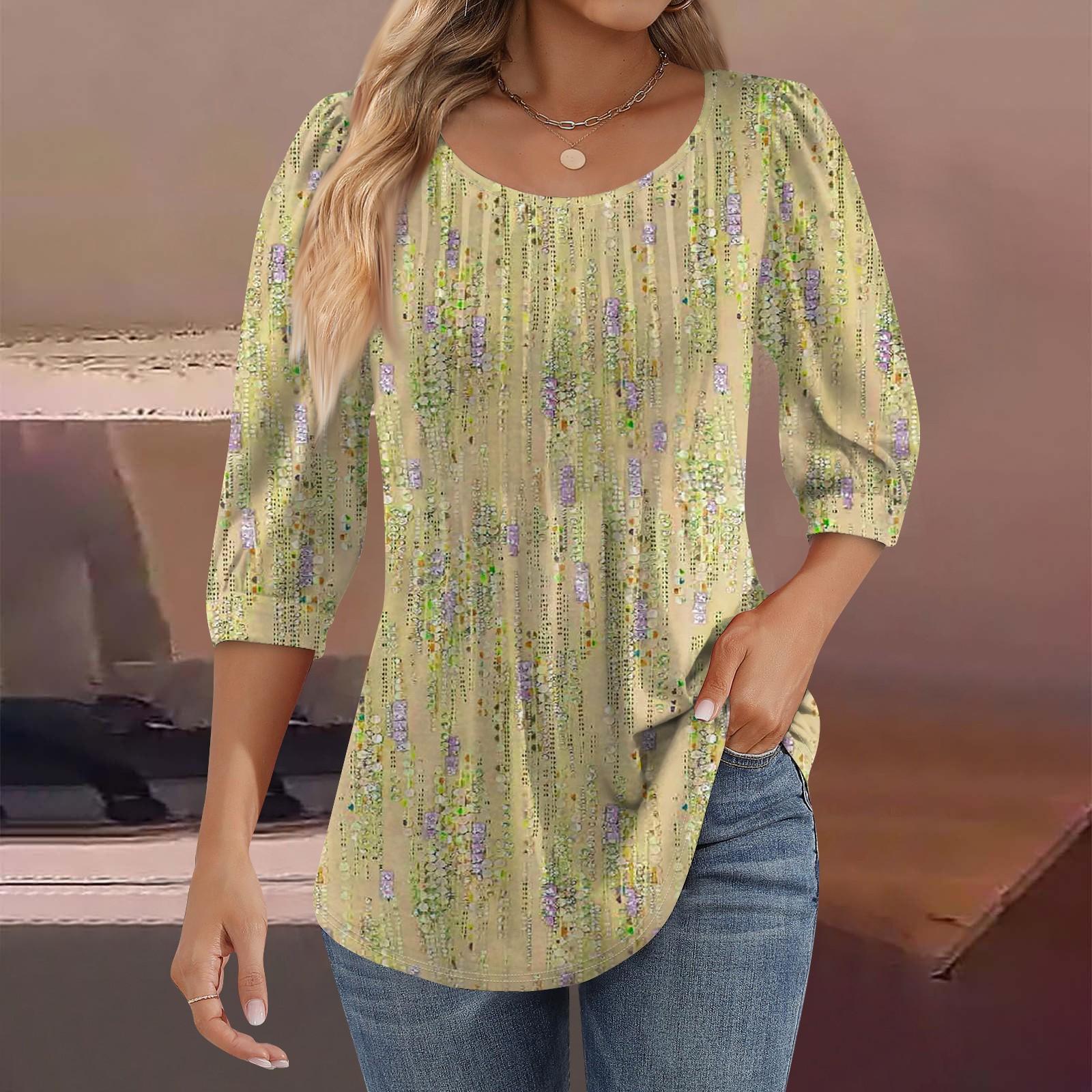 

Женские туники с пышными рукавами 3/4, топы, плиссированные блузки с воротником, повседневные свободные весенне-летние футболки XL жёлтый