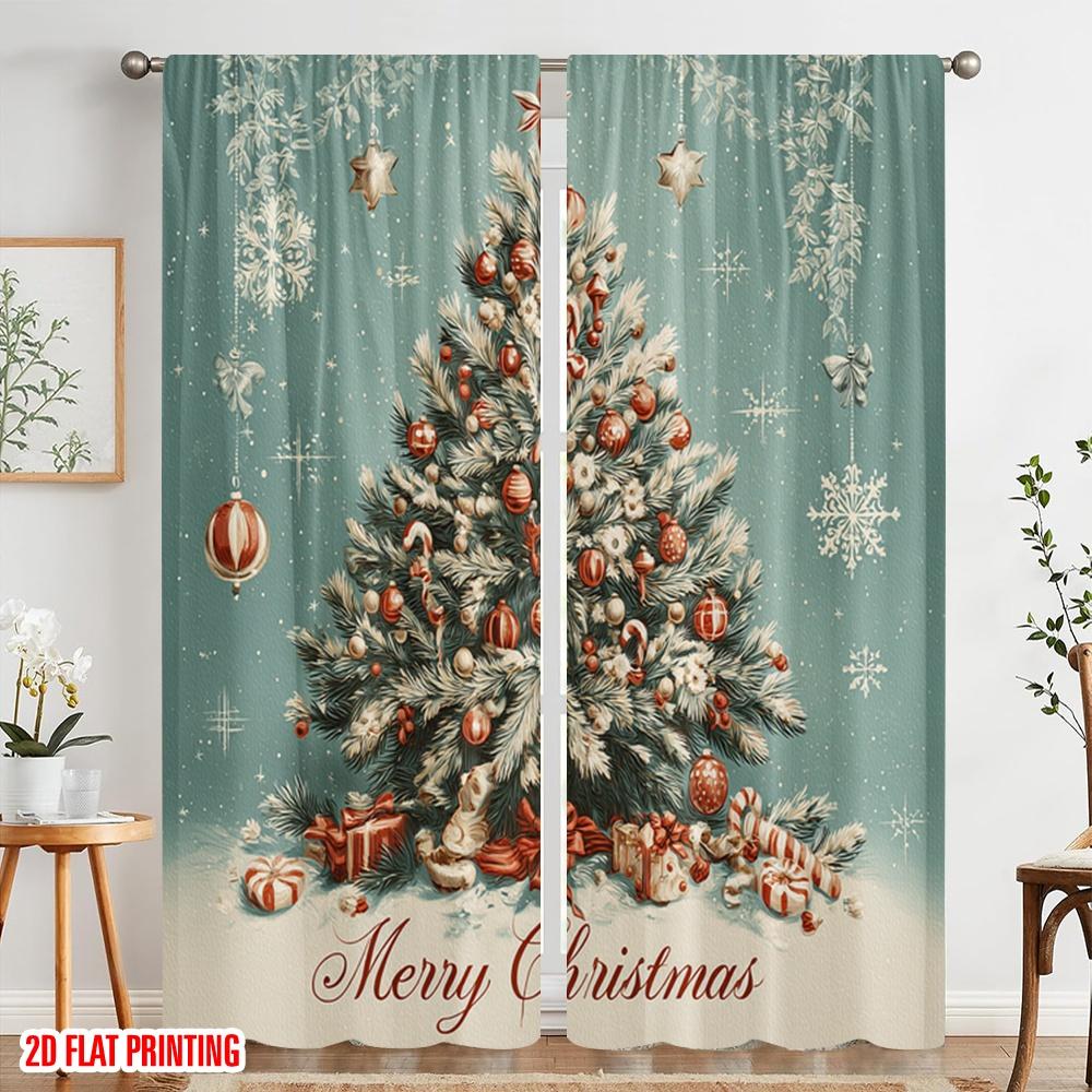 2pcs,2D Plane Printing Creative Curtains Christmas Tree (2) Polyester (without Rod) Decorations Inside for Bedroom, Living Room,