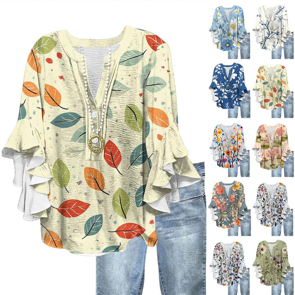 Women's Fashion Casual Button V-Neck Seven Sleeve Vintage Printed Shirt Top