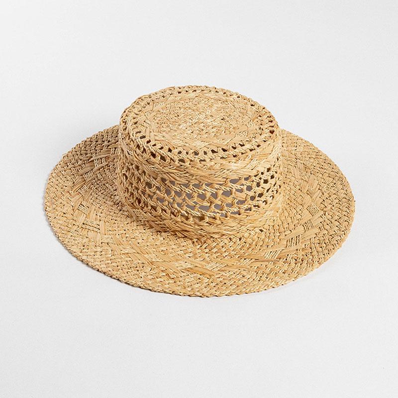 New French Retro Style Breathable Hollow Pattern Wide Brim Raffia Sun Hat Ladies Summer Travel Trendy Concave Top Straw Hat