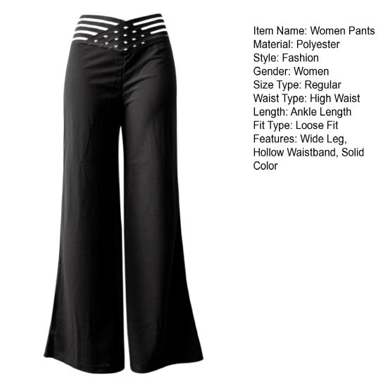 Women High Waist Long Pants Hollow Elastic Waistband Wide Leg Casual Trousers Solid Color Loose Fit Trousers