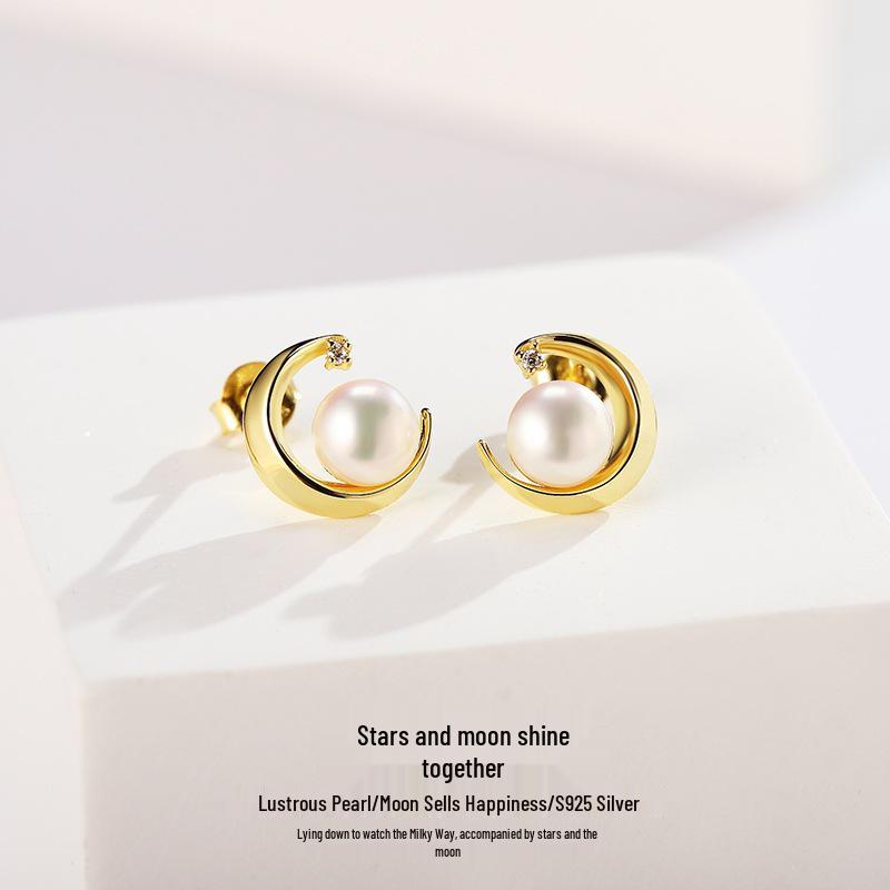 Ins Style Freshwater Pearl Star & Moon Sterling Silver Earrings for Women