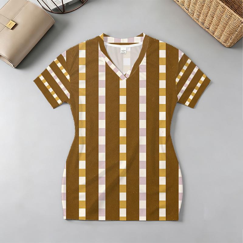 Bodycon Short Dress, V-Neck Short Sleeve, Minimal Stripe, Soft Form-Fitting Fabric Versatile for Vacation, Daily Casual & Night Market