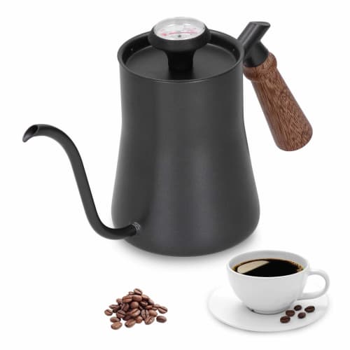 Stainless steel narrow-spout coffee drip pot with thermometer for coffee and tea (650ml, black)